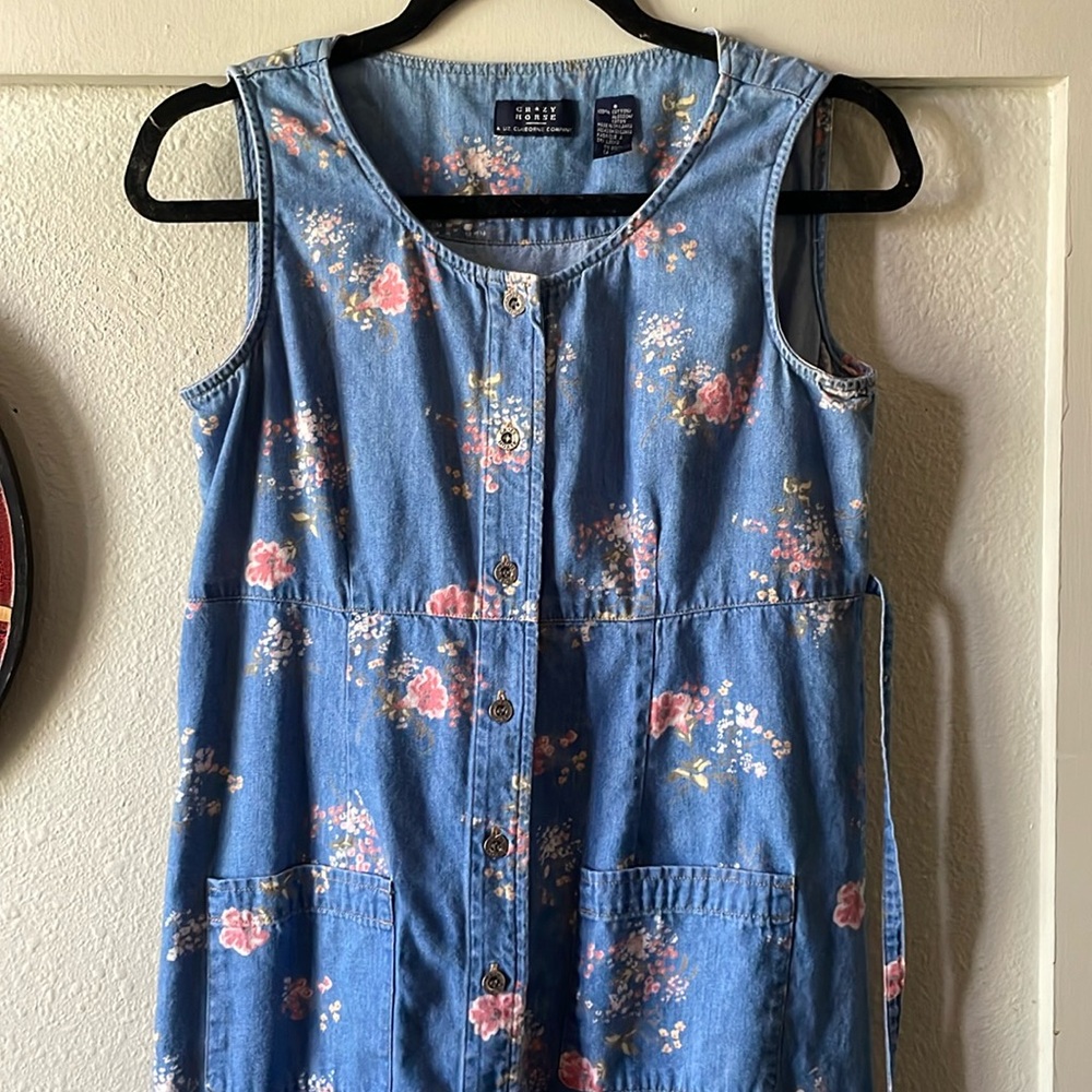 Liz Claiborne Blue Denim Floral Midi Dress with Pink Accents